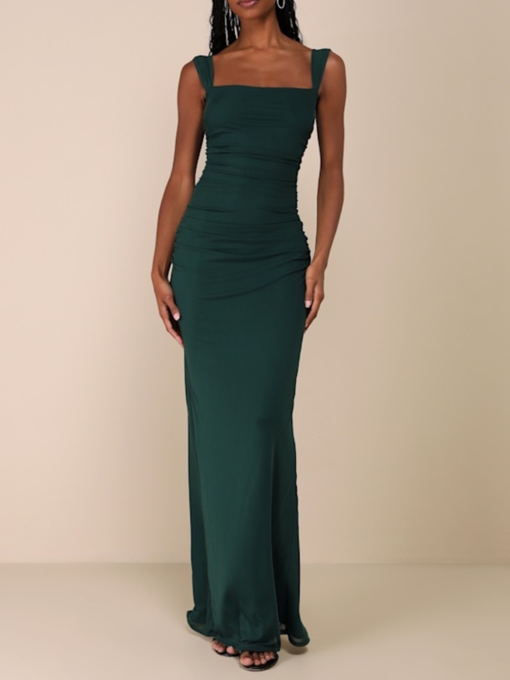 Lulus Amazing Presence Dark Green Mesh Ruched Column Maxi Dress - Size S